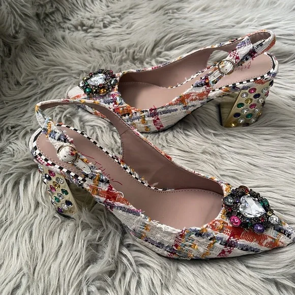 Betsey Johnson Colorful Tweed Heels with Jewel Details - Picture 2 of 7